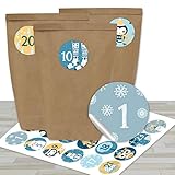 Adventskalender 2020 zum Befüllen - mit 24 braunen Papiertüten und 24 blau-gelben Aufklebern - zum Selbermachen und Basteln - Mini Set Nr 31 - Weihnachten fü