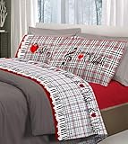 HomeLife Bettwäsche-Set für französisches Bett, Baumwolle, Motiv: Musik, Bettbezug 180 x 300 cm + Spannbettlaken 120 x 200 cm + Kissenbezug 52 x 82 cm, Rot, 1,5