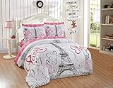 Kids Zone Home Linen 7-teiliges Komplettset Paris Eiffelturm Herzen Blumen für Mädchen/Teens Weiß Rosa Schwarz (weiß, Volldecke)