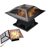 YYMM Holzfeuergrube BBQ-Grill, Feuersechs-BBQ-Grill-Feuerschale mit Funkenbildschirm, Loch Feuerschüssel im Freien Mesh-Herd, für Camping-Terrasse H