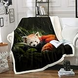 Waschbär Sherpa Decke Red Panda Kuscheldecke 130x150cm Baum Grüne Blätter Flanell Fleecedecke für Sofa Couch Bett 3D Wild Tier Muster Wohndecke Ultra Weich Zimmerdekoration Deck