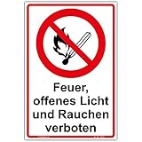 Schild'Feuer, offenes Licht und Rauchen verboten' Hinweisschild 300x200 mm Hochformat, stabile Aluminiumverbundplatte 3mm stark