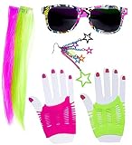 shoperama 80's Neon Girl Kostüm-Zubehör Set 80er Jahre Madonna Disco Pop Achtziger Damen Brille Handschuhe Extensions Ohrring