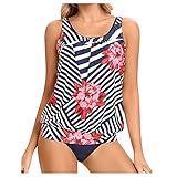 Hengyouhui Damen Bikini Set Blumendruck Hohe Taille Tankini Set Bademode Badeanzug Große Größen Oversize Damen Tankini Set Bauchweg mit Slip, Hotpants oder High Waist (Marine, L)