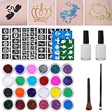 Glitzertattoo Set Kinder Temporäre Tattoos mit 151 Schablonen 24 Glitzerpulver 2 Hautkleber 2 Pinsel für Mädchen Jungs Erwachsene Geschenk für Weihnachten Neujahr Halloween Geburtstage Party
