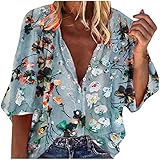 Bluse Damen Sommer, Langarm V-Ausschnitt Blusehemd, Casual Baumwolle Button-down Langarmshirt, Einfarbig Loose Oberteile Tops Shirts Für Frauen Teen G