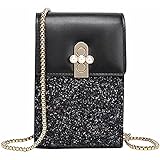 Damen Handy Umhängetasche Klein Handytasche zum Umhängen Leder Bling Crossbody Geldbörse Schultertasche mit Verstellbarer Kette Phone Tasche für iPhone 13/12/11/XR, Handy bis zu 6.5 Zoll (Schwarz)