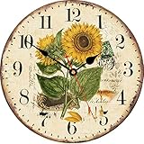 TAHEAT 20 cm Sommer Sonnenblume Wanduhr, Retro Rustikal Blumen Batteriebetrieben Uhren, Hölzern Dekorativ Einfach zu lesende Uhr für zu Hause/ Büro/ Schule/ B