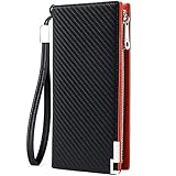 Huztencor Lange Geldbörsen für Herren, Leder, RFID-blockierend, mit Reißverschluss, Carbon Fiber Black and Orange, Larg