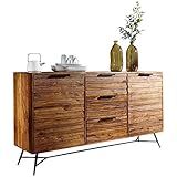 FineBuy Design Sideboard Nishan 160x40x88 cm Sheesham Massiv Holz | Kommode mit Türen & Schubladen | Massive Anrichte Industrial | Massivholz Schrank mit Metallb