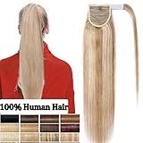 Pferdeschwanz Extensions Echthaar Clip In Ponytail Echthaar Haarverlängerung Zopf Ponytail Haarteil Clip in Extensions Echthaar 55cm - 95g Aschblond/Gebleichtes Blond #18/613