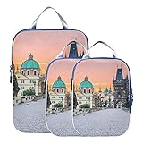Compression Packing Cubes European Street Town Landscape Travel Packing Cubes Set Expandable Travel Packing Bags For Carryon Luggage, Travel (set Of 3)