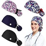 4 Stücke Verstellbare Arbeit Bouffant Kappe mit Knopf, Baumwoll Arbeit Hut Schweißband, Pferdeschwanz Beutel Rückhalte Hüte für Frauen (Blumen Serie)