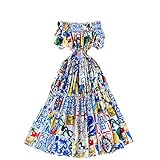 Sommer Bohemian Porcelain Printed Floral Midikleid Damen Trägerloses Puffärmeln Elastische Taille Runway Dress - Color,S