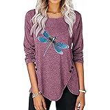 Kobay Damen Langarmshirt Rundhals Tasten Lange Ärmel Langarm Lose Tunika Langarmbluse Lässig Oberteile Tops(3-Rot, 3XL)