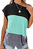 HIKARO Frauen Kurzarm Casual T-Shirts Farbe Block Knot Bluse und Tops Damen Sommer Rundhals Shirts Lose Sweatshirt Grün XL