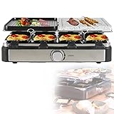 Raclette 8 Personen mit Steinplatte - Tischgrill Elektrisch Starke 1400 Watt - Elektrogrill mit Thermostat - Heißer Stein und Grillplatte Abnehmbar - Grill 8 Pfännchen und Holzsp