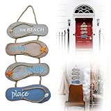 Vintage Strand Teller Holz Flip Flop Dekoration Maritime Deko zum Aufhängen - The Beach is My Happy Place - Hängende Deko Meer Hängeschild Holzpantoffeln Wanddeko für Wand Tür F