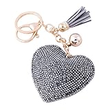 Soleebee Leder Liebes-Herz Keychain Bling Kristallstrass Taschen Koffer Rucksäcke Zubehör Charm Auto Schlüsselanhänger Schlüsselring mit Quasten (Grau)
