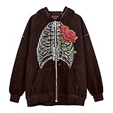 GULASISI Damen Skelett Hoodie Jacke Halloween Y2k Reißverschluss Sweatjacke mit Taschen Vintage Zip Up Kapuzenpullover Sweatshirt mit Kapuze Herbst Casual Mode Streetwear Lose Kapuzenjacke Outw