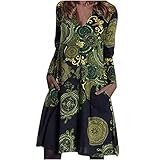 Skaterkleid Damen Vintage 3D Druck A Linien Kleid V Ausschnitt Langarm Herbstkleid mit Taschen Retro Sommerkleid Locker fließendes knielanges Kleid Party Kleid Strandk