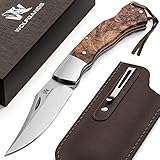 Wolfgangs VIRUM Zweihand-Klappmesser - EIN echter Gentlemen Folder mit hochwertigem Wurzelholz Griff - Taschenmesser Holzgriff - Edles Survival Outdoor Messer - Zweihandmesser inkl. Echt-Leder T