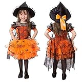 MINASAN Kleinkind Baby Mädchen Halloween Outfits Spinne Tüll Tutu Kleid Party Ballkleid Kleid Spitze Umhang Outfit Vampir Hexenkostüm (Orange, 3-4 Jahre)