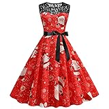 Masrin Abendkleid Damen Vintage Spitze Patchwork A Linien Kleid Weihnachten 3D Druck Partykleid Ballkleid mit hoher Taille und Nähten Ärmelloses Trägerkleid mit O Ausschnitt und Schärpen Swing