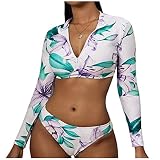 INLLADDY Strandkleid Damen Langarm Schwimmanzug Strand Bikini Sportlich Bademode Push Up Sommer Badeanzug Weiß EU 40