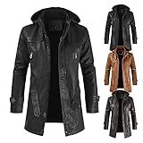 JIAYOUA Lederjacke Herren Winter Bikerjacke Kunstleder Militär Jacke Männer Bomberjacke mit Reißverschlusstasche Lang Wasserdicht Winddicht Bikerjacke Leder Kapuzenjacke H