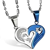 JewelryWe Schmuck 2PCS Paare Halskette Partnerketten Freundschaftsketten Partneranhänger Edelstahl I Love You Gravur Herz Puzzle Anhänger Kette Blau Silb