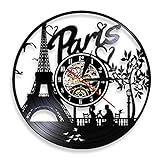 Vinyl Wanduhr Paris Vinyl Schallplatte Wanduhr Frankreich Paris Skyline Wand Dekor Eiffelturm Stadt der Liebe Handwerk Kunst Vinyl Disk Handwerk Uhr (30cm)