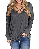 Genhoo Damen V-Ausschnitt Criss Cross Kurzarm T Shirt Tuniken Tops Blusen Pullover Sweatshirt - Grau - X-Larg