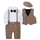 Amissz Baby Jungen Bekleidungssets 3tlg Strampler + Weste + Hut Fliege Krawatte Gentleman Set Baby Taufe Anzug - Braun - Größe 12/18 M