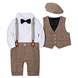 Amissz Baby Jungen Bekleidungssets 3tlg Strampler + Weste + Hut Fliege Krawatte Gentleman Set Baby Taufe Anzug - Braun - Größe 12/18 M