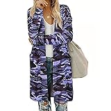 Manygood Damen Strickjacke Mittlerer und langer Mantel Langarm Bedruckte Strickjacken Damen 2021 Open Front Sweater Dünne Mäntel Jacken, Blau 15, S