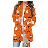 Halloween Open Front Damen Cardigan Lang Mantel Kürbis Totenkopf Bedruckte Niedlich Muster Strickjacke Lang Winter Herbst Langarmshirt Bequem Casual Jacken Strickjacken O