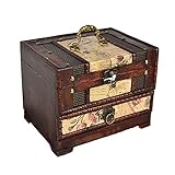LEENY Retro Schmuckbox Hölzern Handgefertigt Schmuckkasten, Schmuckkoffer mit Schubladen Spiegel Schloss, Schmuck Schatullen Zubehör für Ringe, Armbanduhren, Ohrringe, Halsketten, Armbänder,B