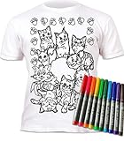 Splat Planet T-Shirt zum Ausmalen mit 6 ungiftigen, waschbaren magischen Stiften zum Ausmalen und Auswaschen Gr. 5-6 Jahre, Katzendesig