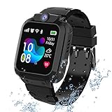 PTHTECHUS Wasserdichtes Kinder Smartwatch Telefon - Touchscreen Kinder Spiel Smartwatch, Anruf Voice Chat SOS Digitalkamera Wecker, für Jungen und Mädchen Geschenk (S12-Black)