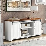 AMZOLNE TV Schrank Retro Industrial Sideboard Vorratsschrank Beistelltisch mit 2 Schiebetüren verstellbare Regale Wohnzimmer Schlafzimmer Küche Möbel Weiß