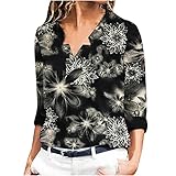 Damen Bluse mit Blumenmuster V-Ausschnitt Female Oberteil mit Langen Ärmeln, Elegant Langarmshirt Bunt Print Lässige Langarm Tshirt Tunika Hemd Shirt Tees Tops Frühling Herb