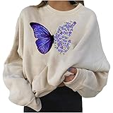 Damen-Kapuzenpullover mit niedlichem Schmetterlings-Druck, lässiger Rundhalsausschnitt, langärmelig, einfarbig, beige, 38