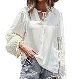 Damen Freizeithemd V-Ausschnitt Temperament SpleißEn Chiffonbluse Mit PuffäRmeln Lockere Bluse Tops T-Shirt Oberteils（Weiß，L）