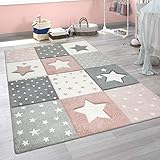 Paco Home Kinderzimmer Teppich Rosa Grau Pastellfarben Karo Muster Sterne Punkte Design, Grösse:140x200