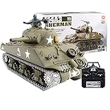 Haunen 1/16 2.4GHz RC Ferngesteuerter Panzer Metall mit Schussfunktion, Rauch und Sound - American M4A3 Sherman Tank(Verbesserte Edition)