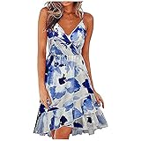 QSSS Sommerkleider Damen Elegante V-Ausschnitt Trägerkleid Sexy Minikleid mit Gedruckt Knielang Freizeitkleider Tank Kleid Rüschen Saum Strandkleider Cocktailkleid ärmelloses Shirtk