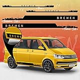 Auto-Dress® Seiten-Streifen Aufkleber Set/Dekor passend für VW T4, T5 & T6 Bus in Wunschfarbe - Motiv: Skyline Stadt Bremen Original (001 Silber-Chrom, Langer Radstand)