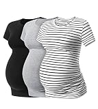 LAPASA Damen 3 er Pack Umstandstop Umstandsmode Umstandskleidung Tops Schwangerschaft Kurzarm Umstands T-Shirt L55, Schwarz, Helles Heidegrau, Schwarz-weiß gestreift, XXL