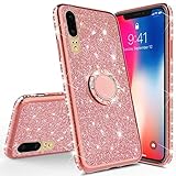 Karomenic Silikon Hülle kompatibel mit Huawei P20 Lite Glänzend Bling Glitzer Schutzhülle Weiche TPU Handyhülle mit Ring 360 Grad Ständer Diamant Tasche Case für Frauen Mädchen,Roseg